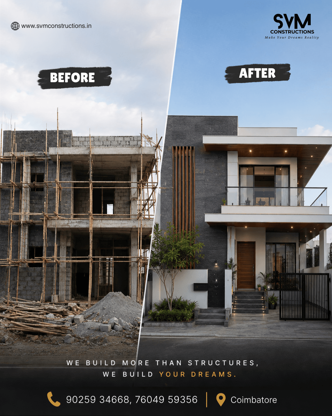 SVM Constructions before and after home transformation creative